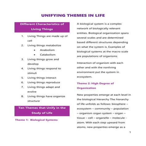 EARTH AND LIFE SCIENCE UNIFYING THEME OF LIFE