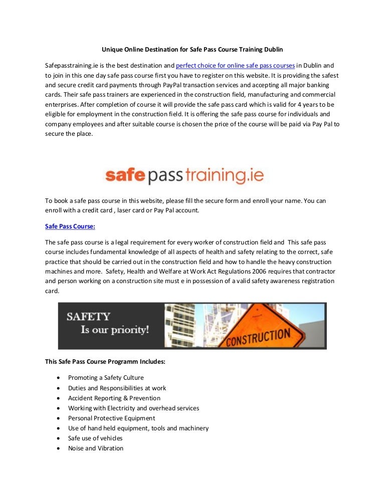 Unique Online Destination for Safe Pass Course Training Dublin