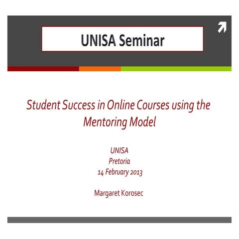 UNISA Presentation 2013: Student success in online courses using the mentorin...