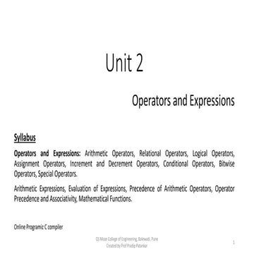 Unit - 2 FPL :-Operators and Expressions