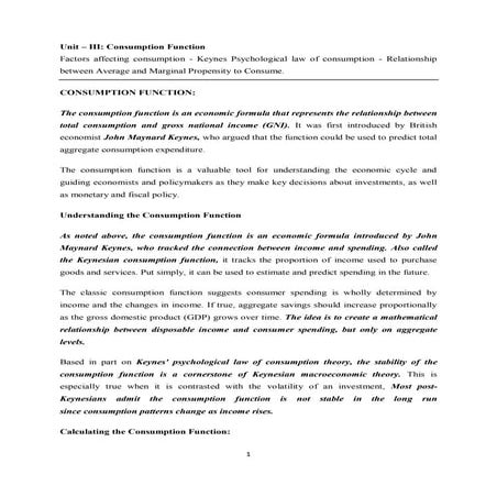 Consumption Function: Keynes Psychological Law of Consumption Function