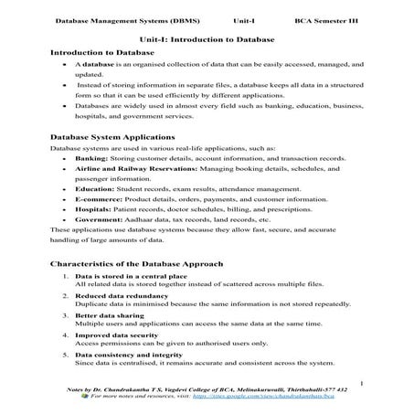 UNIT-I Introduction to Database(DBMS) BCA SEM-III
