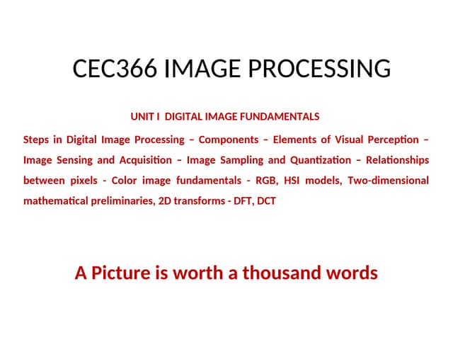 CEC366 Unit -1 FUNDAMENTALS OF DIGITAL IMAGE PROCESSING