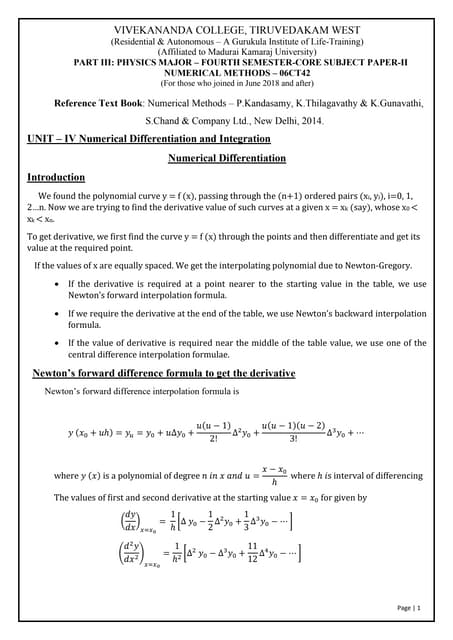 Study Material Numerical Differentiation and Integration