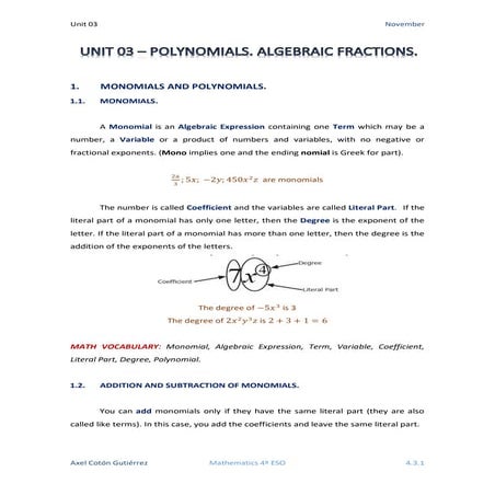 4 ESO Academics - UNIT 03 - POLYNOMIALS. ALGEBRAIC FRACTIONS