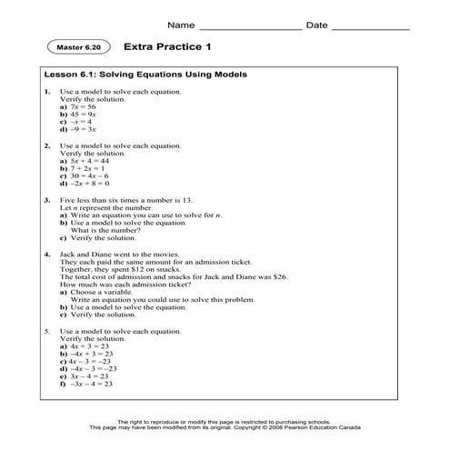 Linear Equations and Graphing - Extra Practice