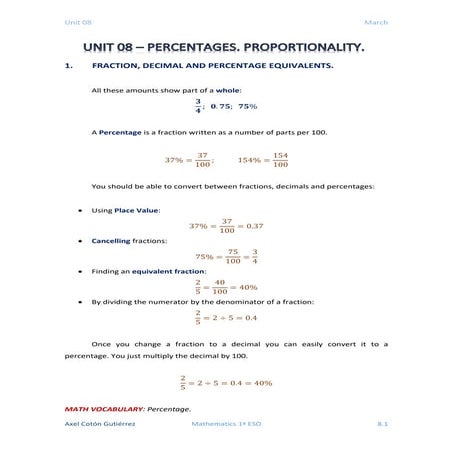 1 ESO - UNIT 08 - PERCENTAGES. PROPORTIONALITY.