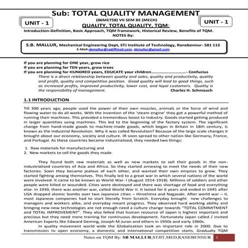 Unit 1. quality, total quality, tqm