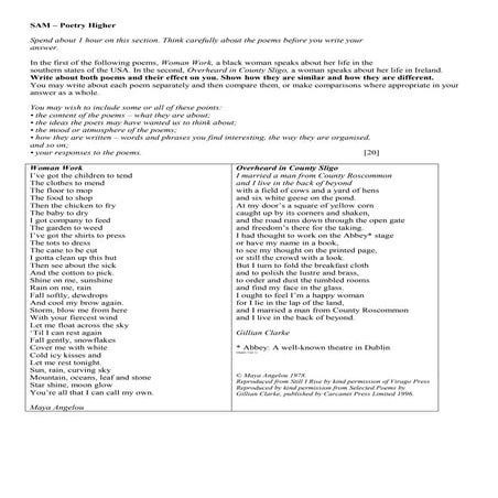 Unit 1  WJEC unseen poetry higher - past questions