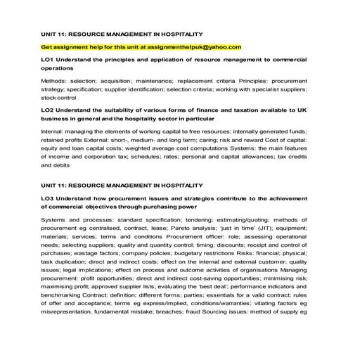UNIT 11: RESOURCE MANAGEMENT IN HOSPITALITY