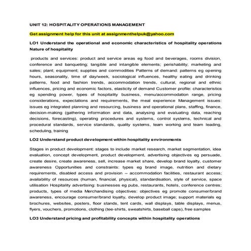 UNIT 12: HOSPITALITY OPERATIONS MANAGEMENT