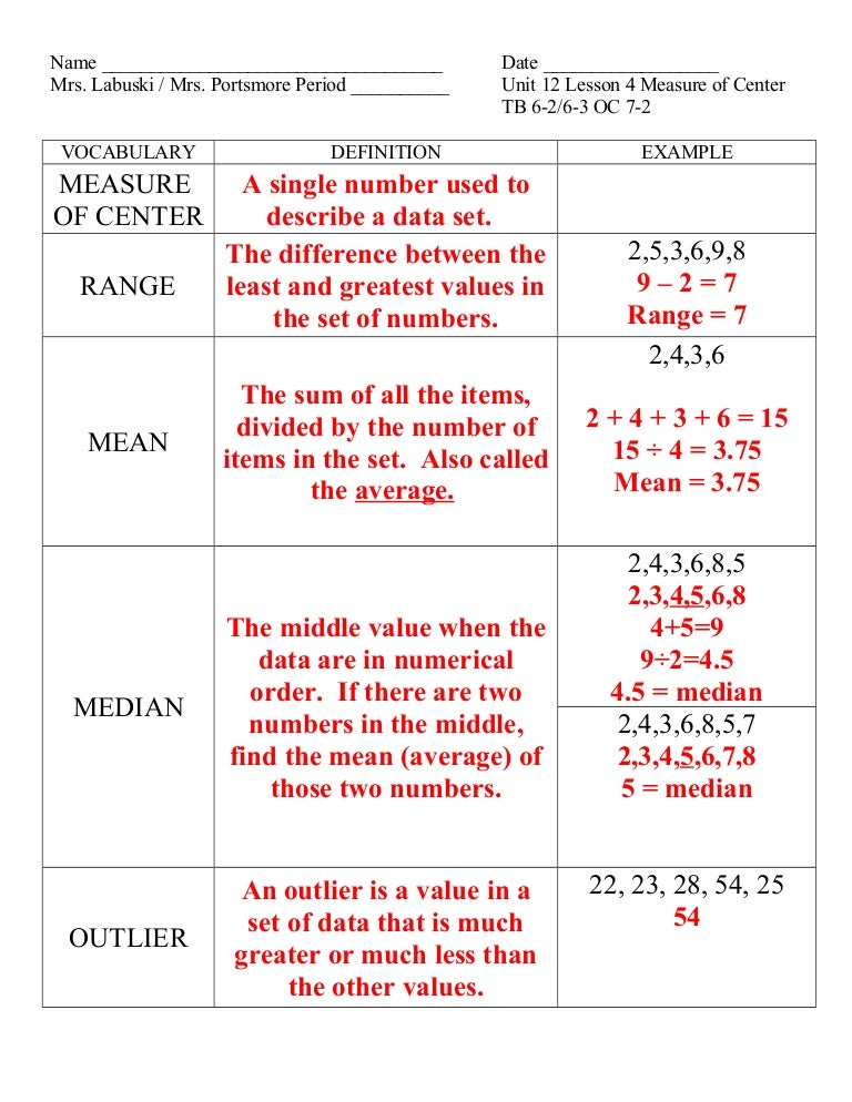 Unit 12 lesson 4 measures of center