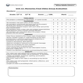 Unit 12 Memories Video Evaluation