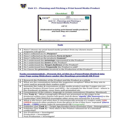 Unit 13 – planning and pitching a print based media product checklist