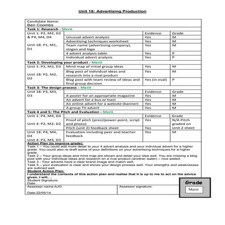 Unit 18 mark and feedback sheet coombs | PDF