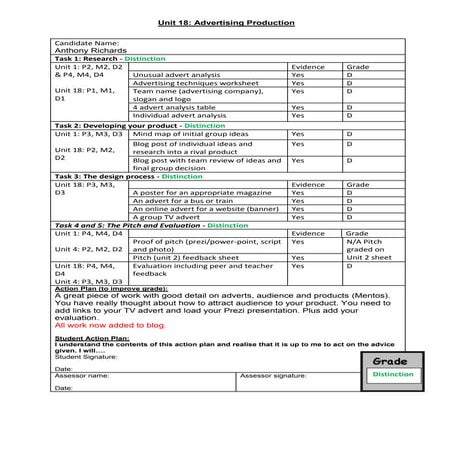 Unit 18 mark and feedback sheet richards | DOCX