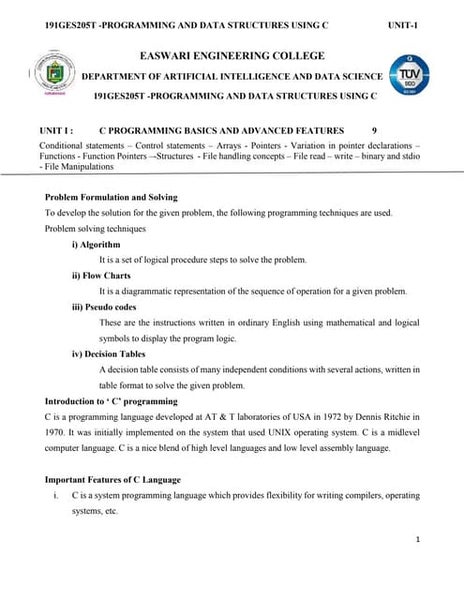 Notes of c programming 1st unit BCA I SEM | PDF