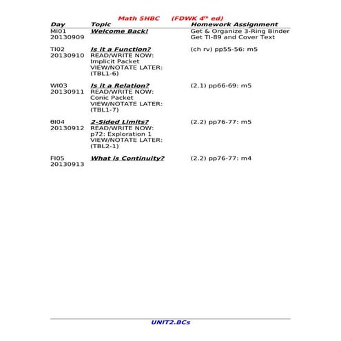 2013-5HBC AP Calculus Unit 2 Syllabus
