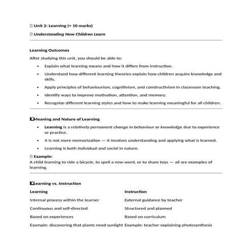 📘 Unit 2.docx •	Explain what learning means and how it differs from instructi...