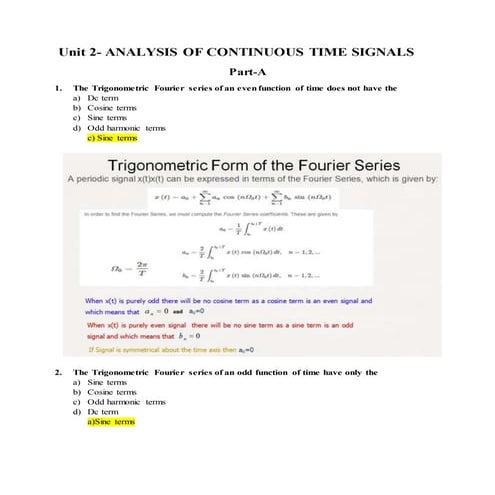Unit 2   analysis of continuous time signals-mcq questions