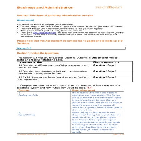 Business and Admin Level 2 Unit 2 assessment answers
