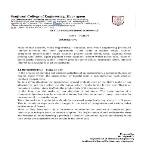 Unit 2- Value Engineering and Time Value of Money