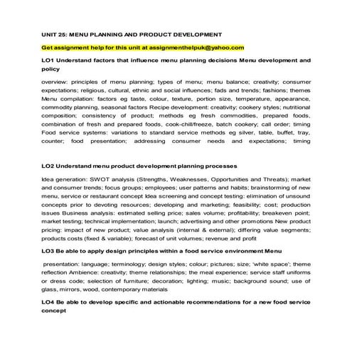 UNIT 25: MENU PLANNING AND PRODUCT DEVELOPMENT