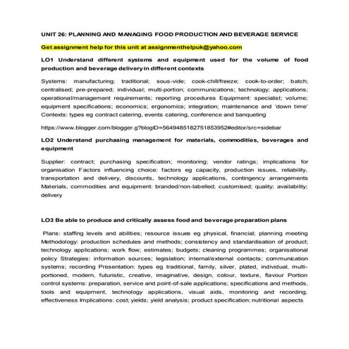 UNIT 26: PLANNING AND MANAGING FOOD PRODUCTION AND BEVERAGE SERVICE