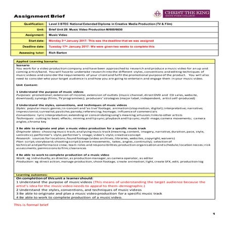 Unit 29: Music Video Production (Brief)