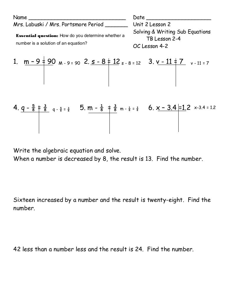 Unit 2 lesson 2 solving & writing subtraction equations