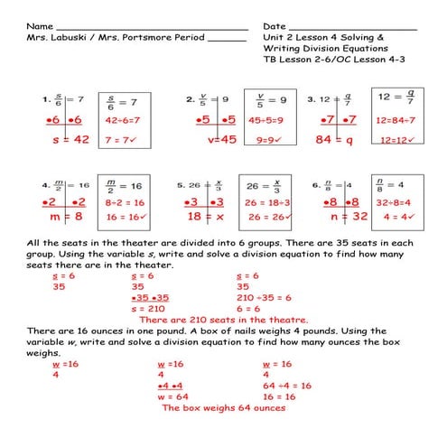 Unit 2 lesson 4 solving & writing division equations