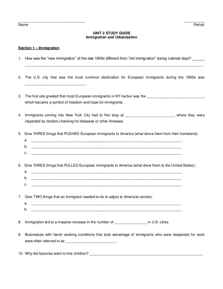 Unit 2 Study Guide Immigration And Industrialization