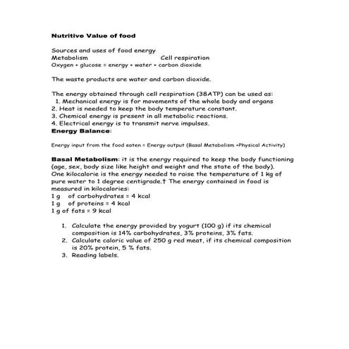 Nutritive value of food