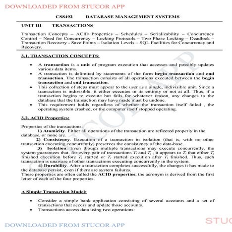TRANSACATION CONCEPTS ACID PNeed for Concurrencyroperties Serializability