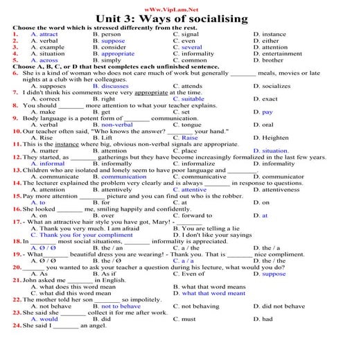 Đề Tiếng Anh 12 cơ bản unit 3 có đáp án - VipLam.Net