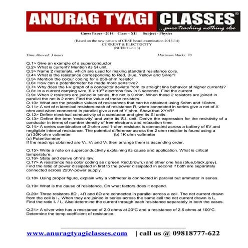 MOST IMPORTANT QUESTIONS FOR CURRENT ELECTRICITY CBSE XII BY ATC