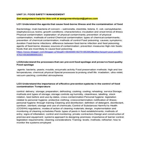 UNIT 31: FOOD SAFETY MANAGEMENT