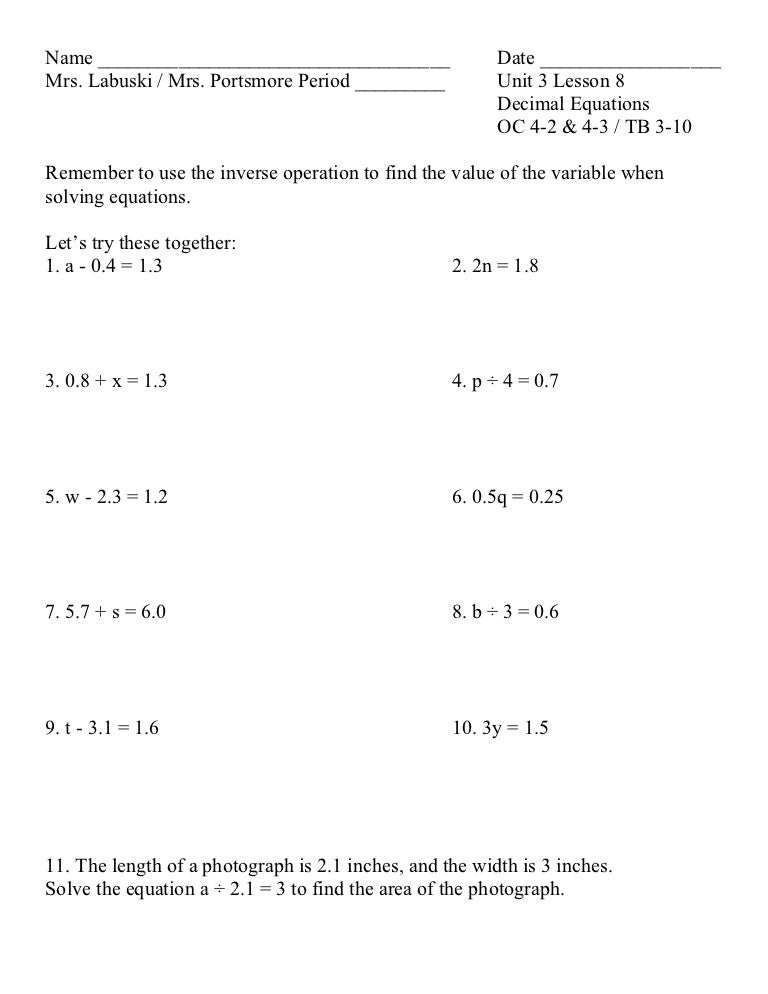 Unit 3 lesson 8 decimal equations