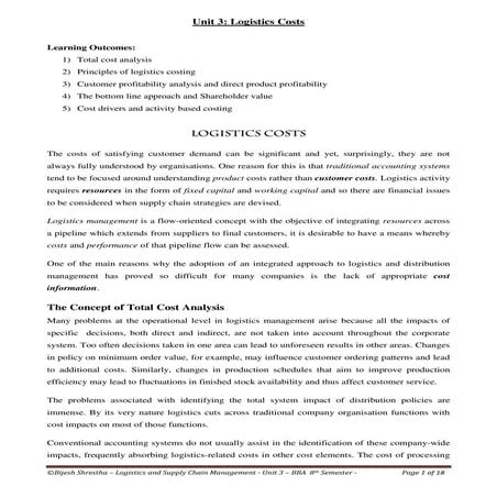 Unit 3 logistics costs   lscm (18 pages)logistics management 