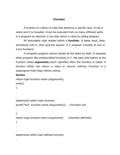 Presentation on Function in C Programming | PPT