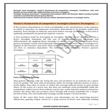 Strategic Management:Business Level Strategies, Corporate level Analysis,