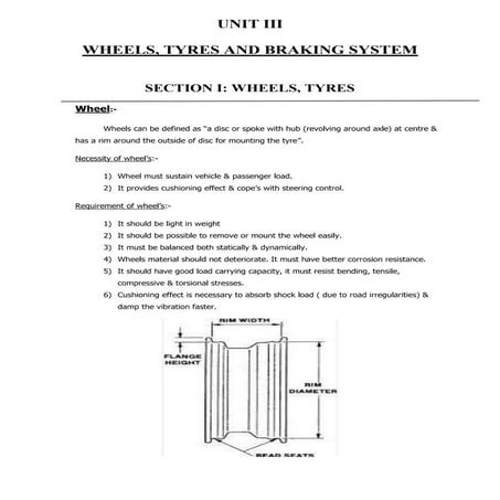 Unit 3 : Wheels,Tyre and Braking System