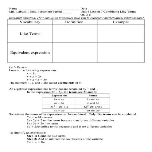 Unit 4 lesson 7 combining like terms