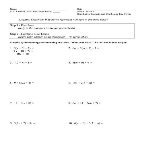 Unit 4 lesson 8 dist property  combining like terms