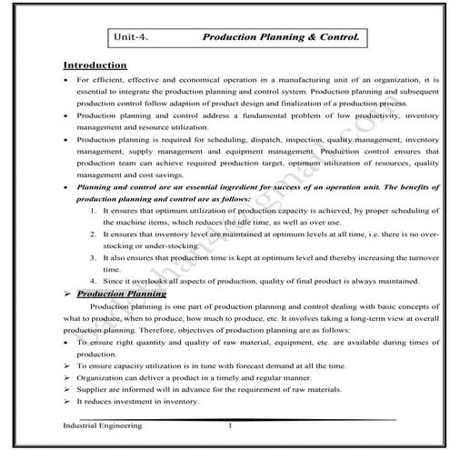 Industrial Engineering unit 4.Production planning and control Notes by badebhau.