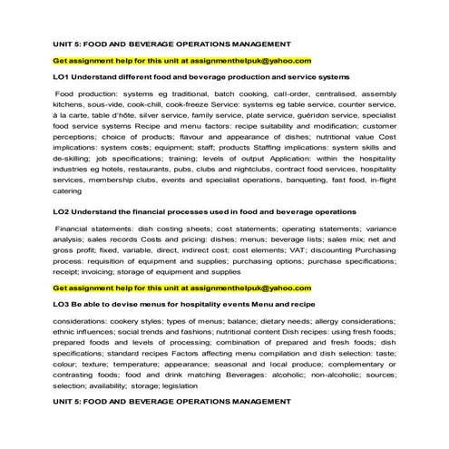 UNIT 5: FOOD AND BEVERAGE OPERATIONS MANAGEMENT