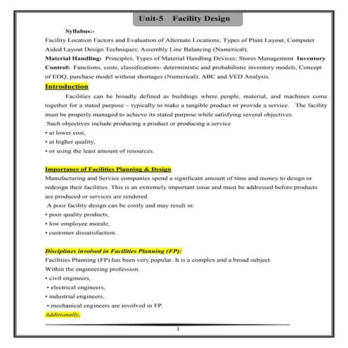 Industrial Engineering unit 5. Facility Design Notes by badebhau.