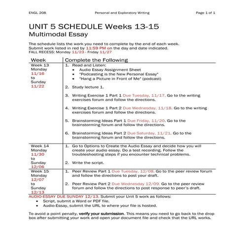Unit5 schedule engl208_fall2020 | PDF | Screenwriting | Content Production