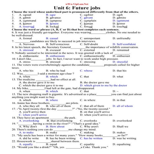 Đề Tiếng Anh 12 cơ bản unit 6 có đáp án - VipLam.Net