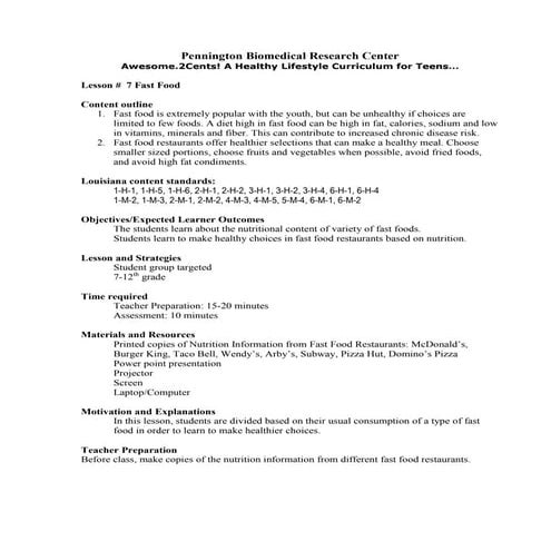 Unit 7 fast food lesson plan